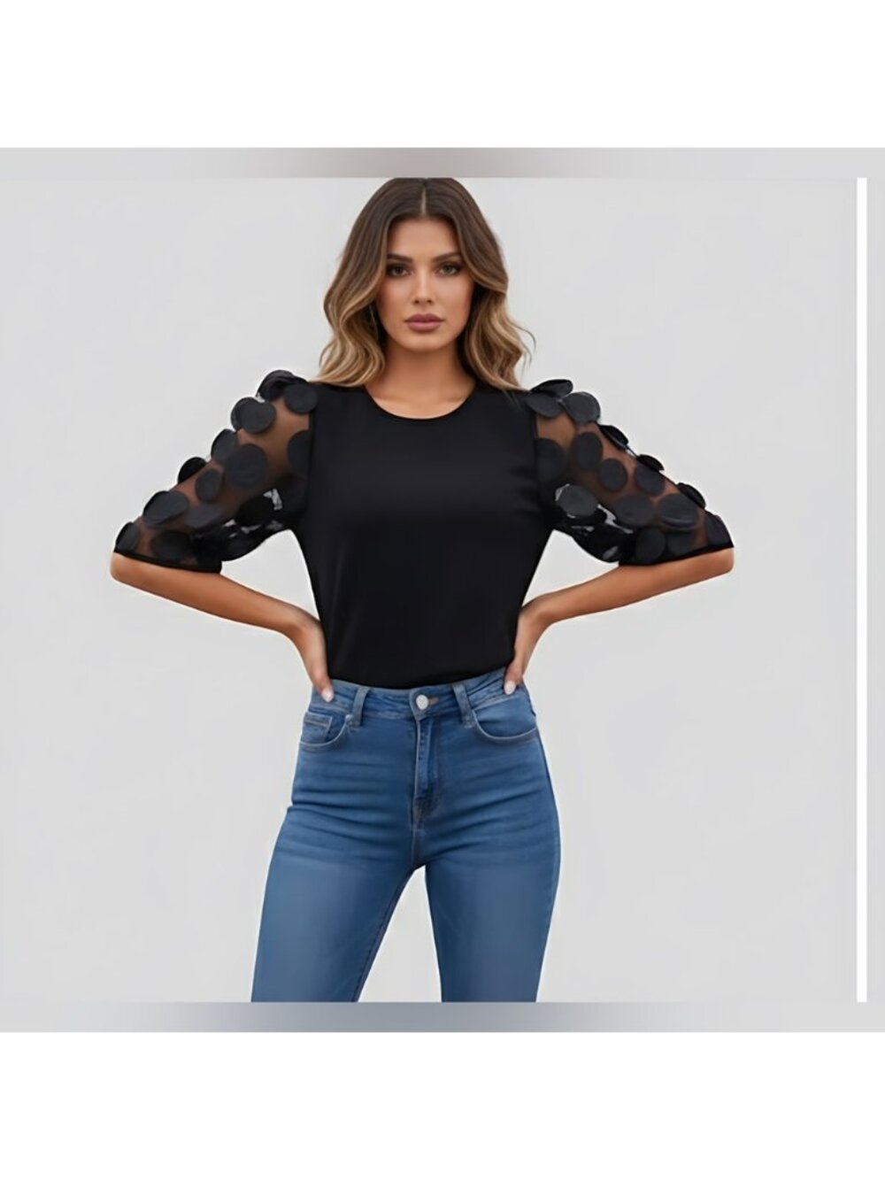 Mesh Appliques Puff Sleeve Blouse Black